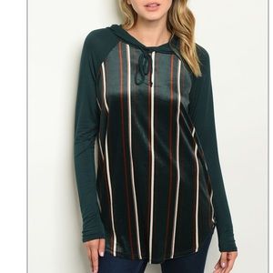 Navy and burgundy striped pull over hooded tunic
